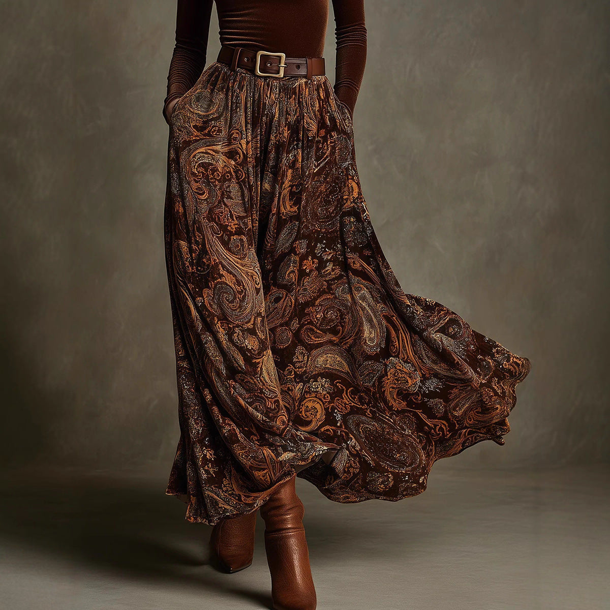 Boho Floral Maxi Skirt Two Piece Set with Belt