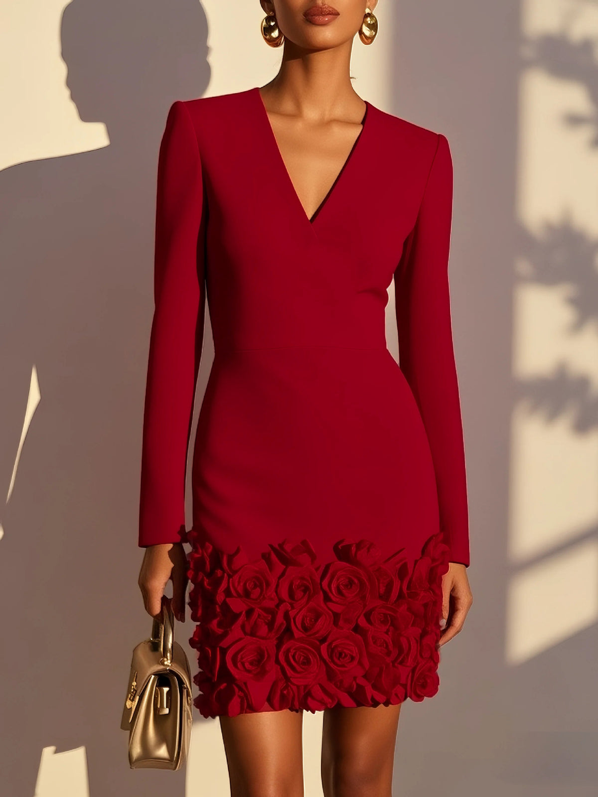 V-Neck Long Sleeve Rosette Hem Bodycon Dress