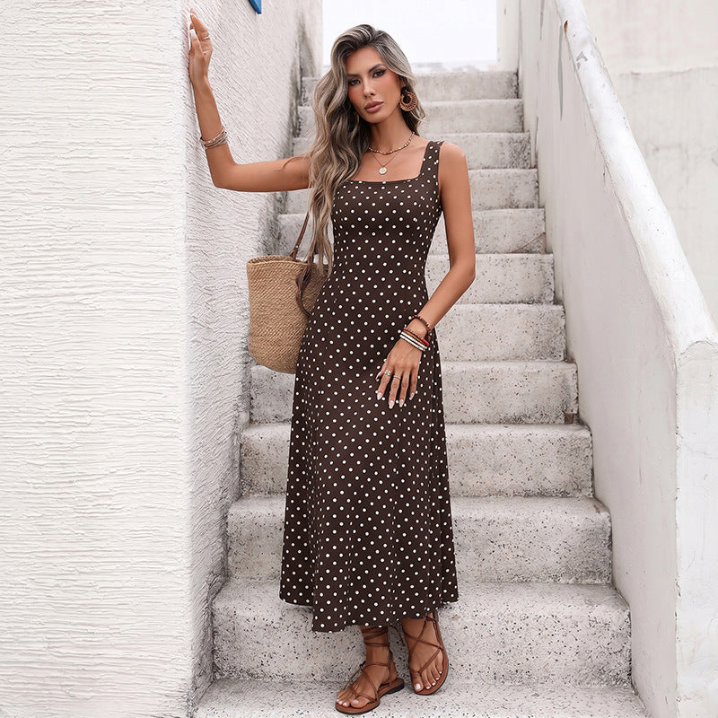 Brown Polka Dot Square Neck Sleeveless Maxi Dress Summer Vacation