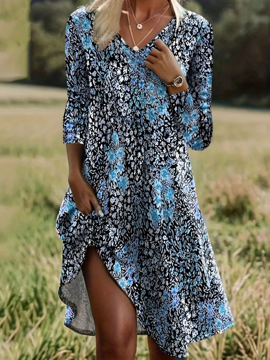 Floral V-Neck Long Sleeve A-Line Midi Dress