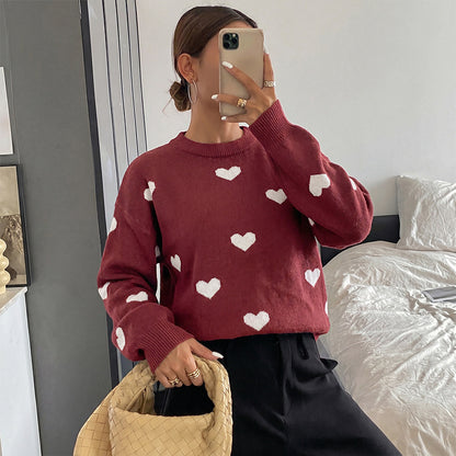 Heart Jacquard Knit Crew Neck Oversized Sweater