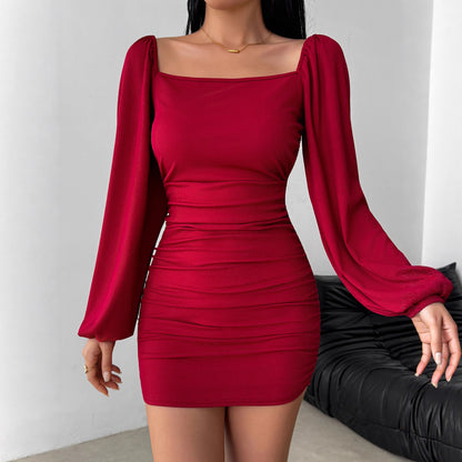 Burgundy Square Neck Long Sleeve Ruched Bodycon Mini Dress