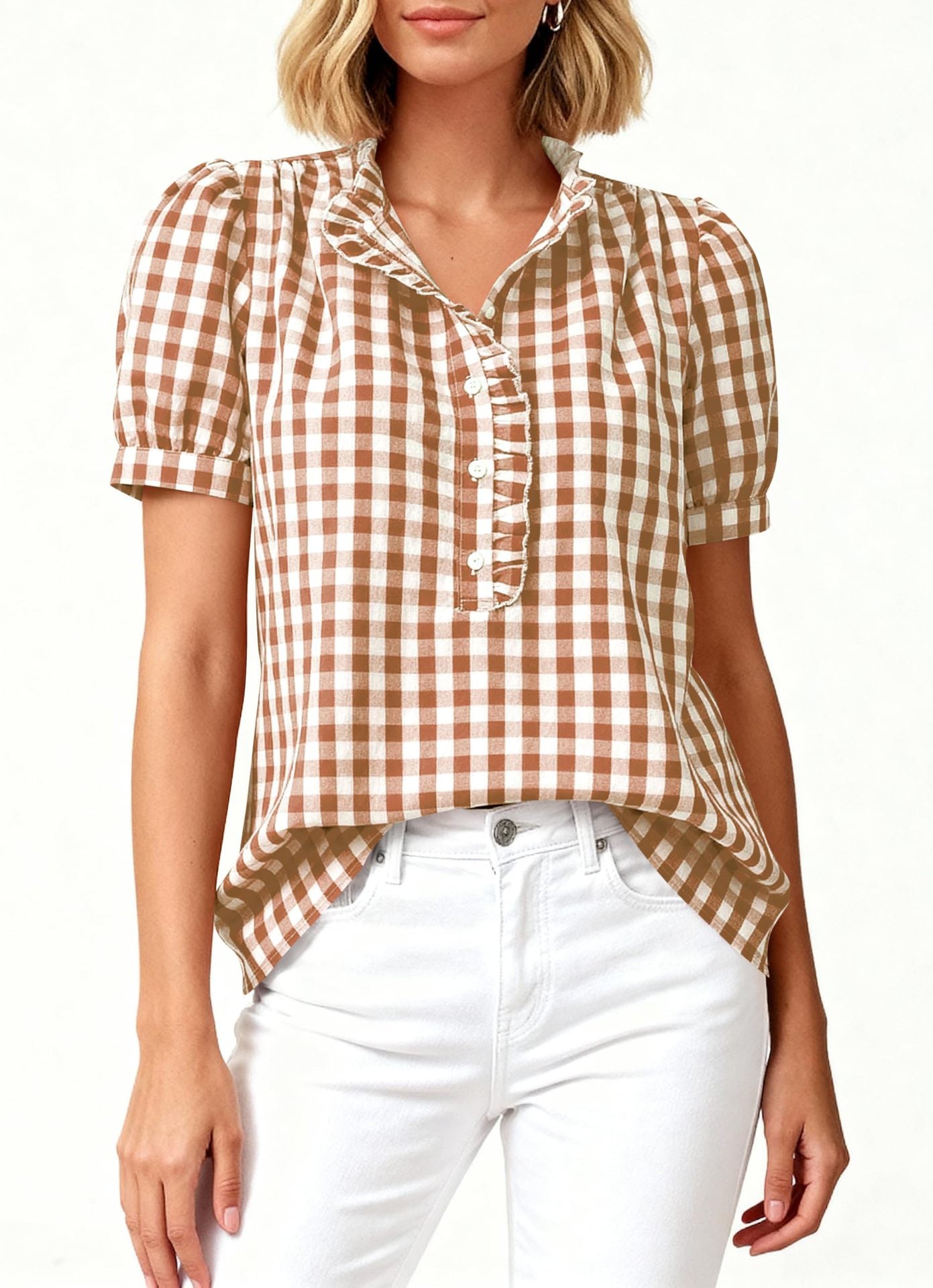 Gingham Ruffle Puff Sleeve Button Blouse Top
