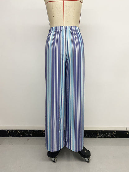 Blue Striped Drawstring Wide Leg Pants Casual Summer Trousers