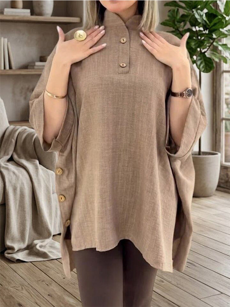 Oversized Button Tunic Elbow Sleeve Side Split Plus Size