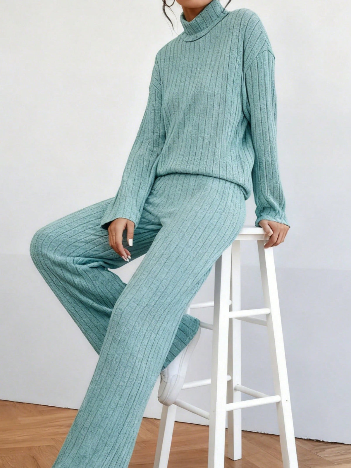 Ribbed Knit Turtleneck Sweater & Straight Pants Set