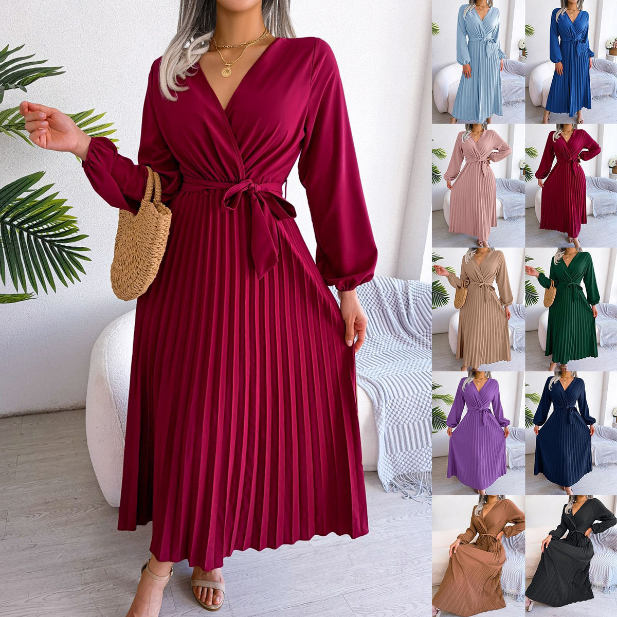 V-Neck Wrap Pleated Maxi Dress Long Sleeve Tie Waist