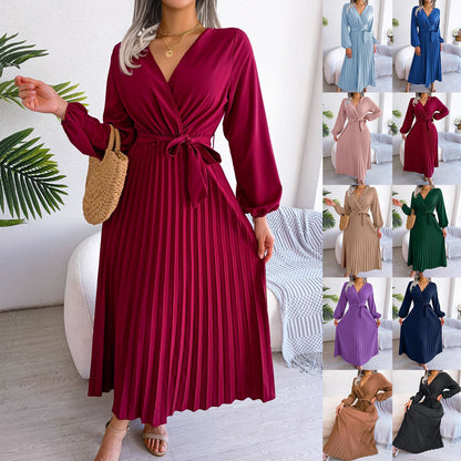 V-Neck Wrap Pleated Maxi Dress Long Sleeve Tie Waist