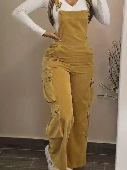 Women's Corduroy Cargo Overalls High Waist Jumpsuit