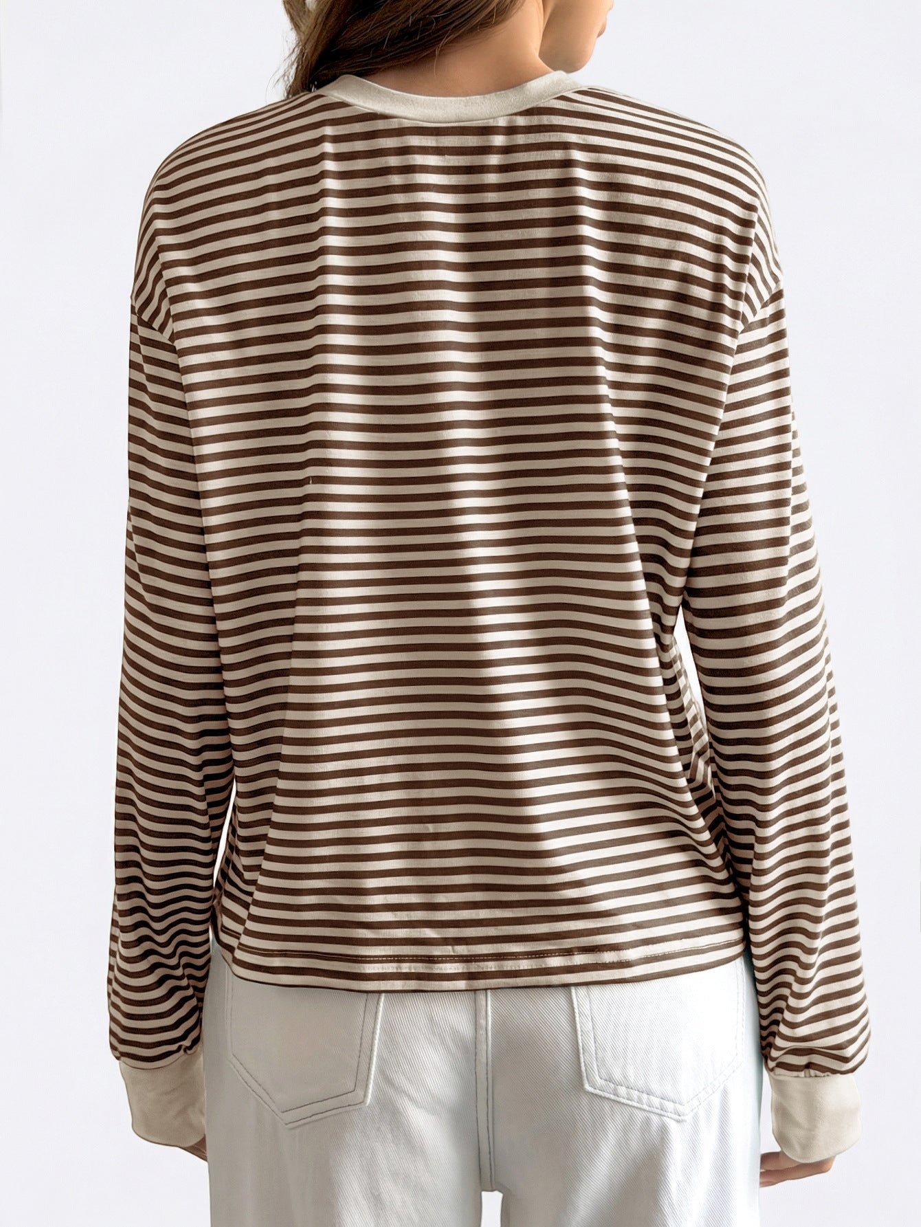 Pink Black Striped Long Sleeve Crew Neck Casual Tee