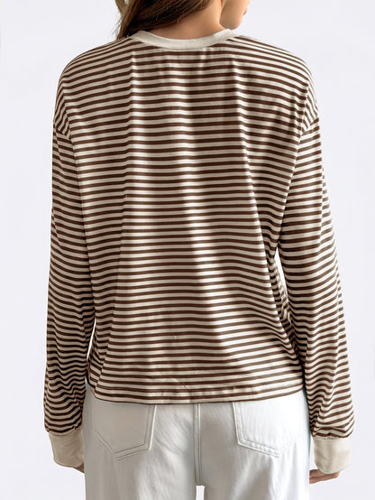 Pink Black Striped Long Sleeve Crew Neck Casual Tee