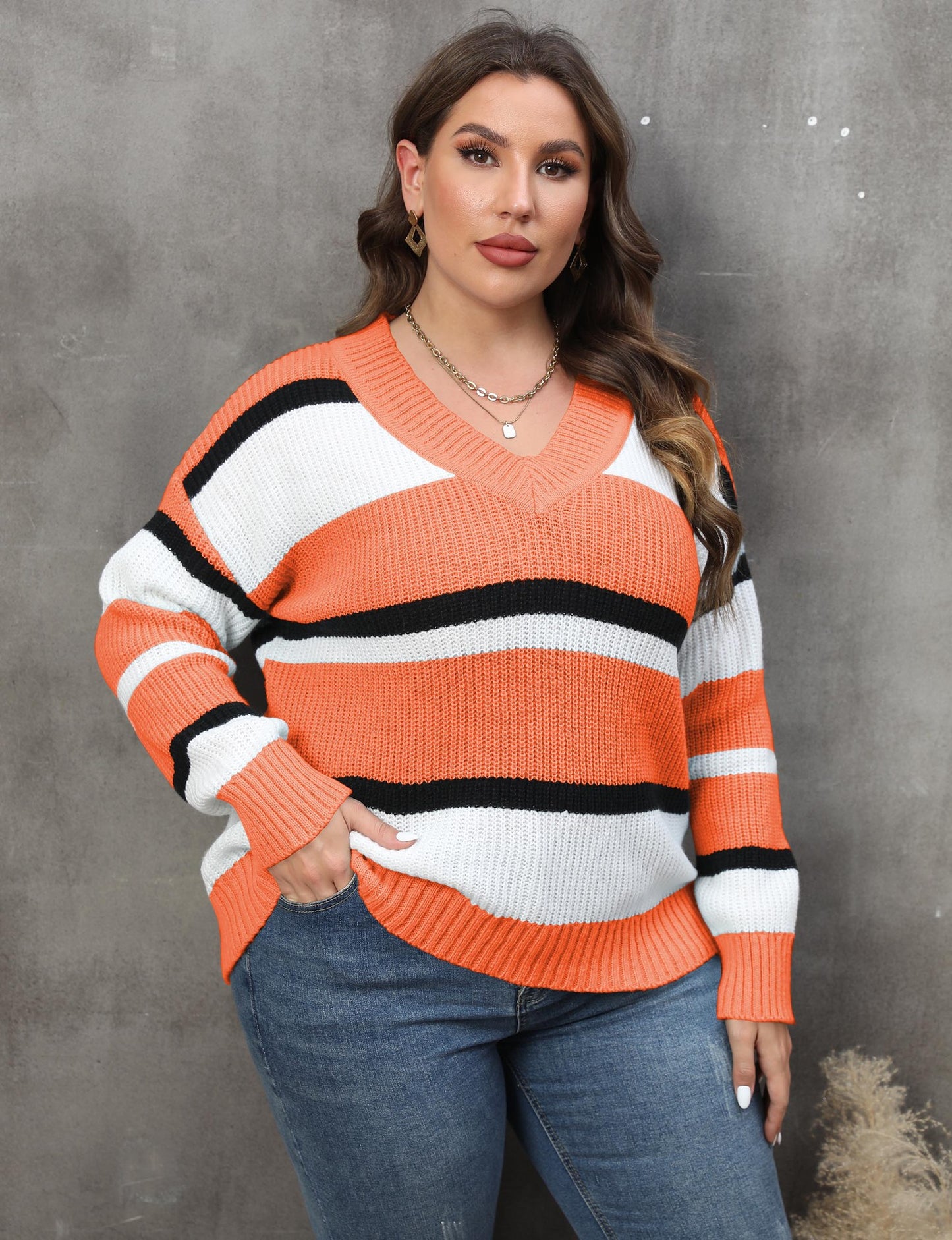 Women's Sweater V-neck Contrasting Color Splicing Loose Pullover Sweater
