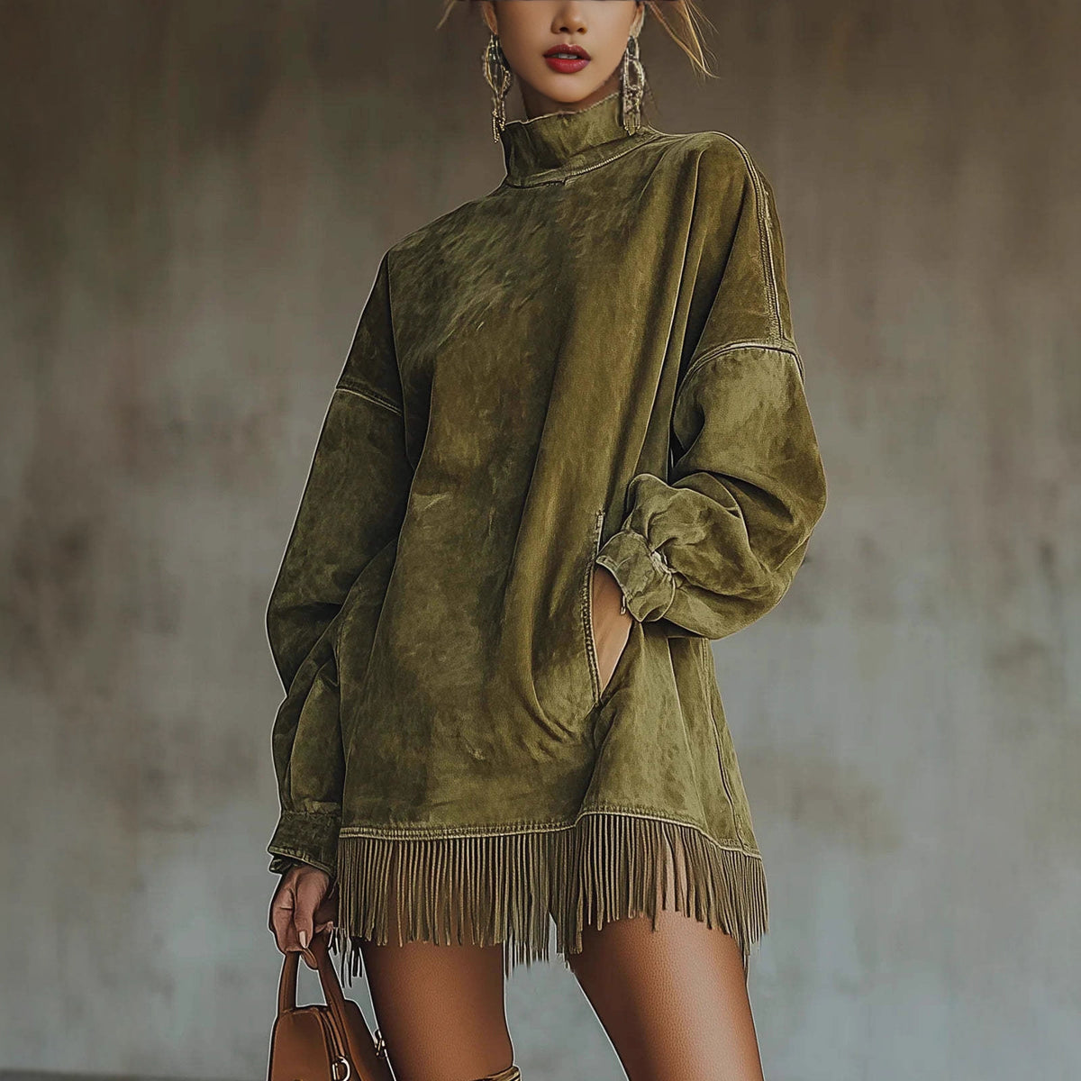 Mock Neck Suede Fringe Dress Long Sleeve Pockets