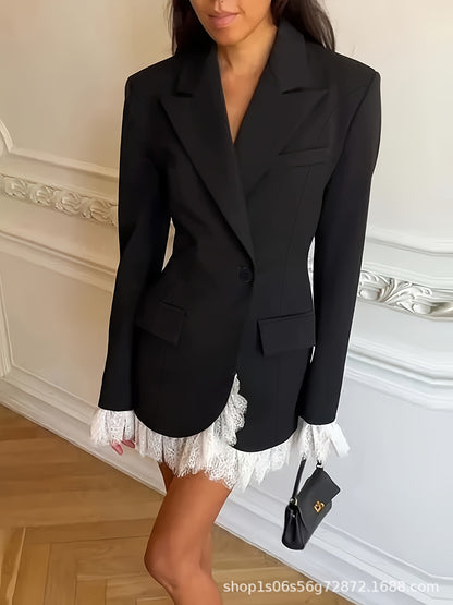Women's Black Lace Trim Blazer Dress Long Sleeve