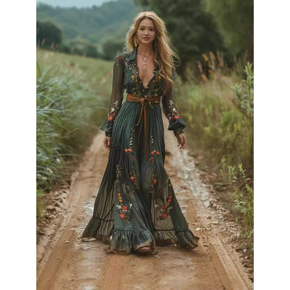 Boho Floral Maxi Dress Long Sleeve Mesh Flowy