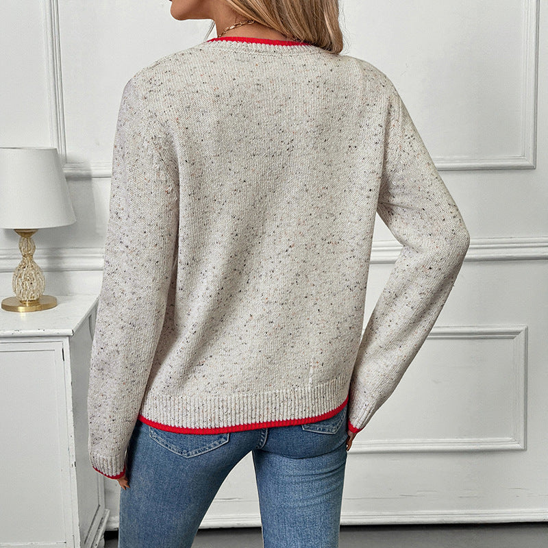 Heart Button Contrast Trim Knit Cardigan Sweater