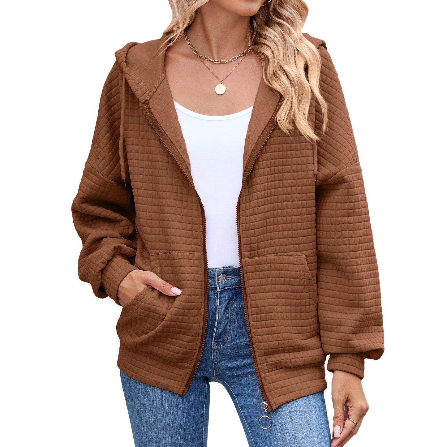 Quilted Zip Up Hooded Jacket Hoodie with Pockets