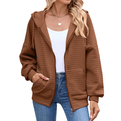 Quilted Zip Up Hooded Jacket Hoodie with Pockets