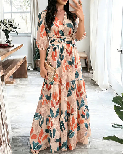 Floral Chiffon Maxi Dress V-Neck 3/4 Sleeve Smocked Tiered