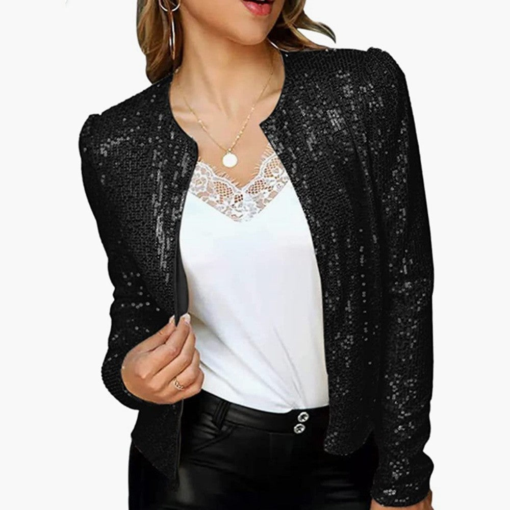 Women's Sequin Zip Up Cropped Jacket Stand Collar