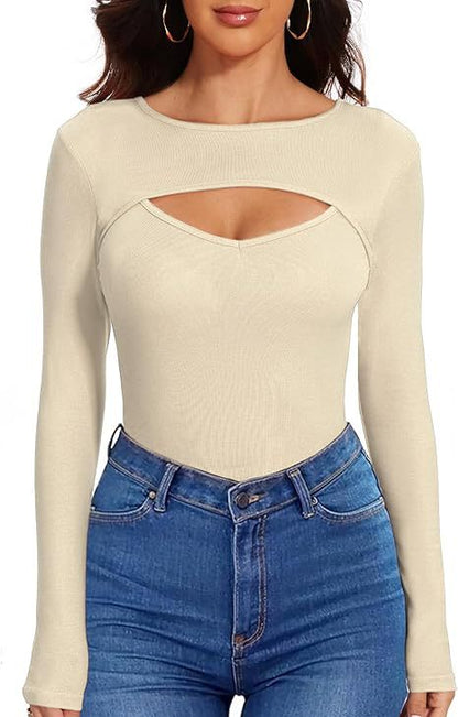 Sexy Cutout Ribbed Long Sleeve Fitted Top