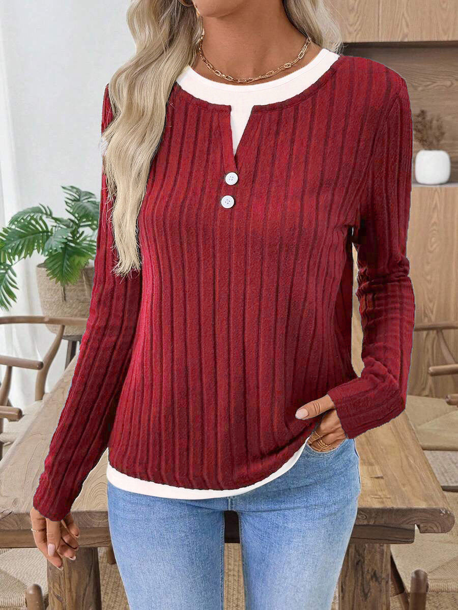 Ribbed Faux Layered Henley Long Sleeve Casual Top
