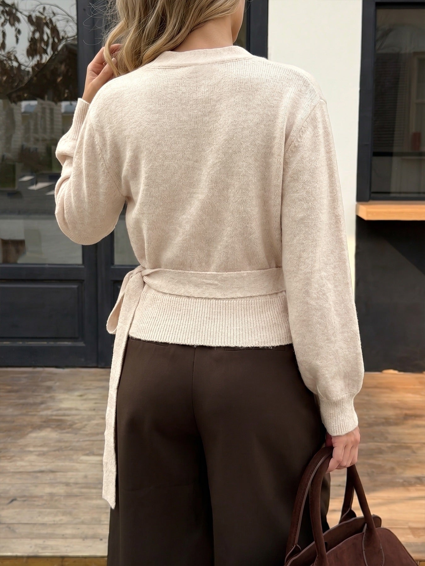 Women's V-Neck Wrap Tie Waist Cropped Sweater