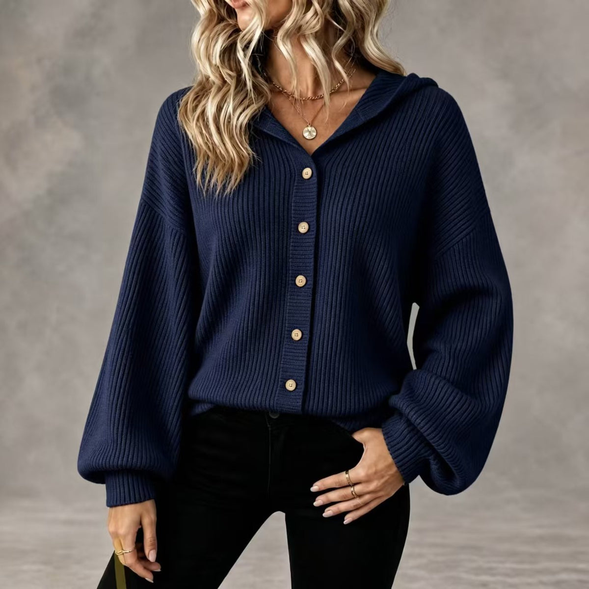 Womens Hooded Ribbed Cardigan Button Front Knit Sweater