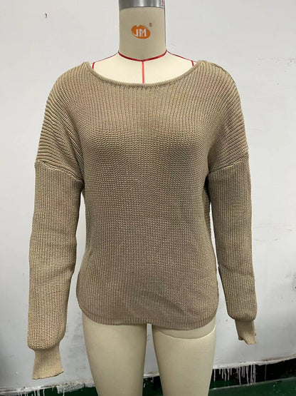 Women's One Shoulder V Neck Knit Sweater Long Sleeve