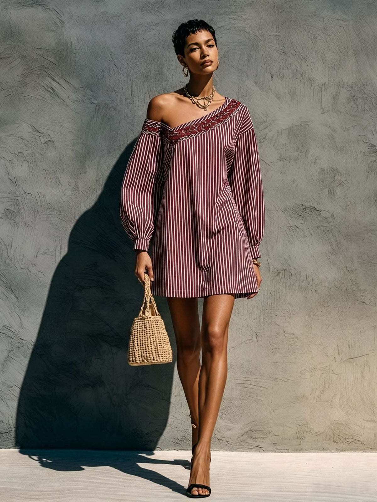 One Shoulder Striped Embroidered Lantern Sleeve Mini Dress