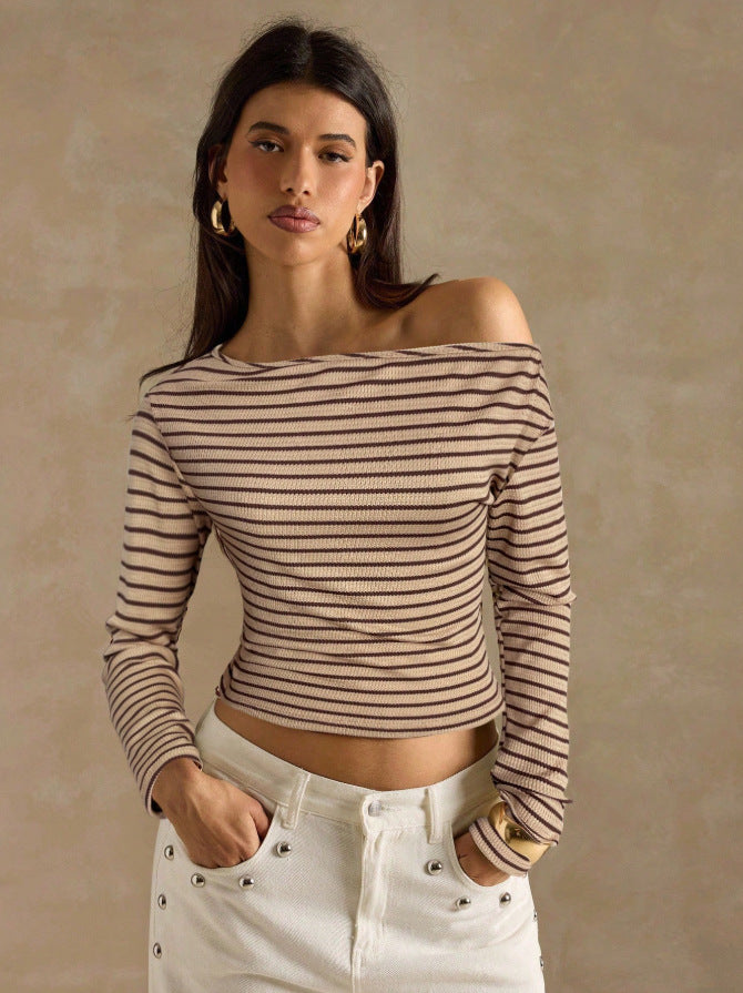 Women's Striped Off Shoulder Long Sleeve Knit Top