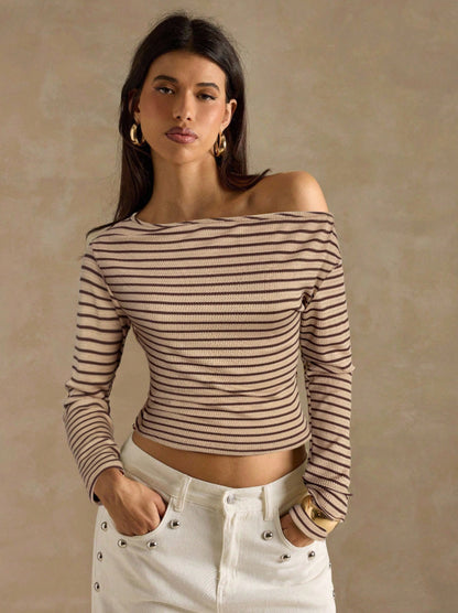 Women's Striped Off Shoulder Long Sleeve Knit Top