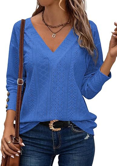 Women's Loose V-Neck Eyelet Long Sleeve Blouse Top