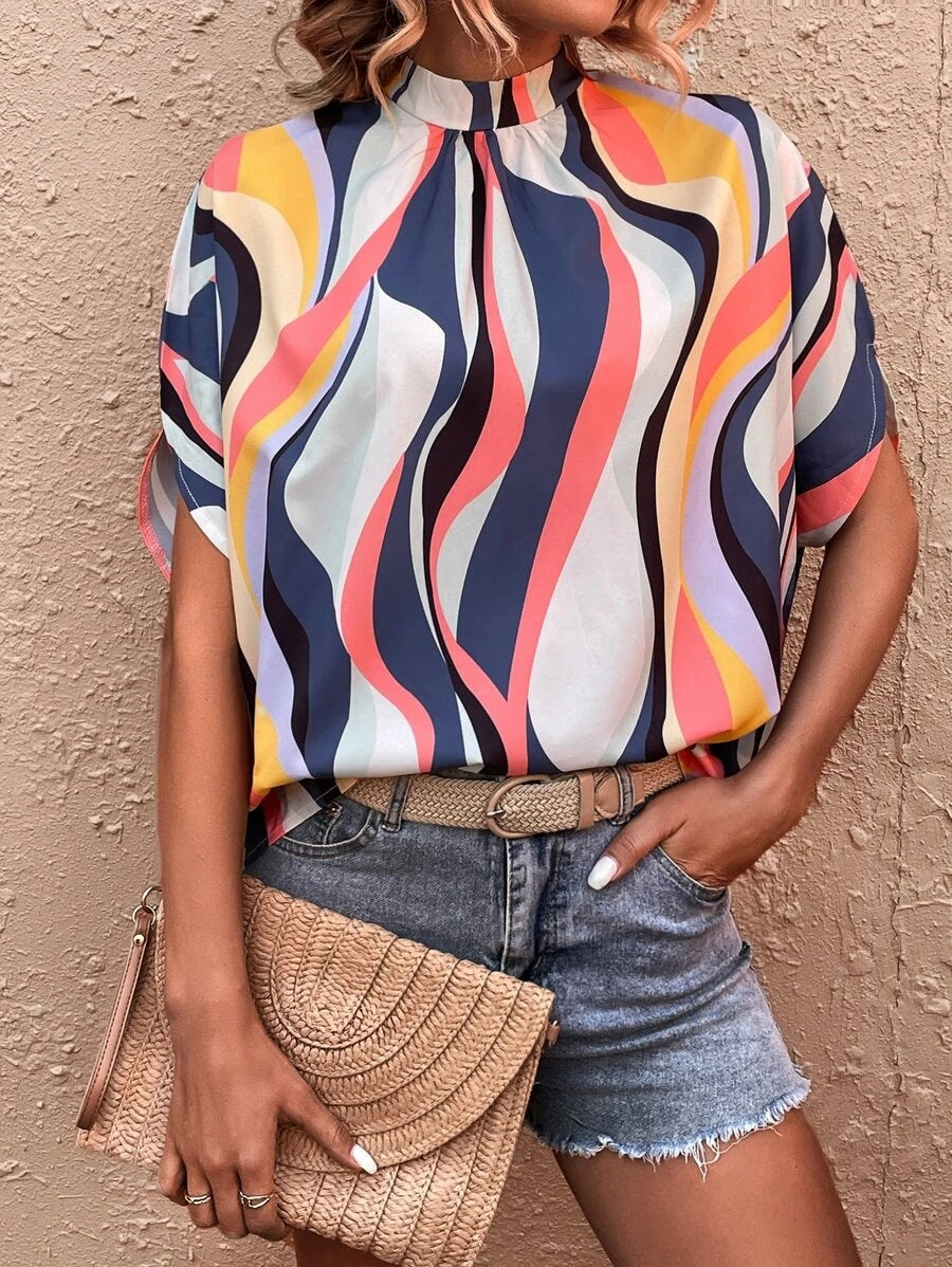Fashion Abstract Print Dolman Sleeve Tunic Shirt