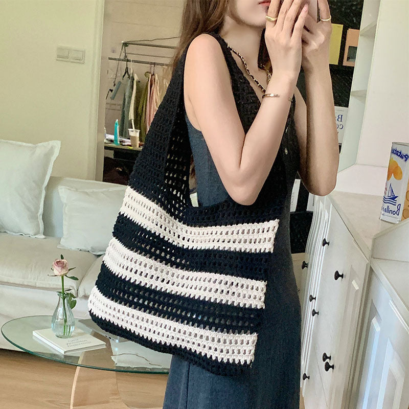 Women's Striped Knitted Bag Hollowed Out Handbag Shoulder Bag Crochet Knitting Beach Bag