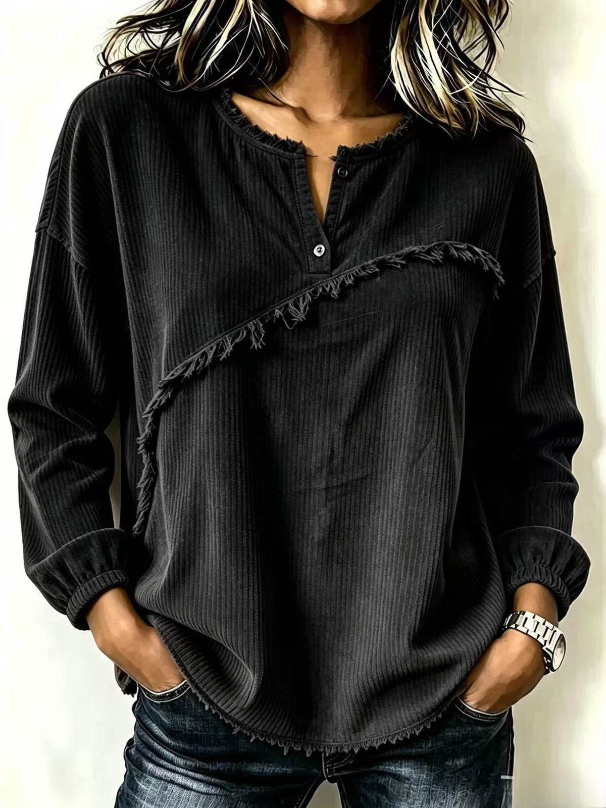 Oversized Corduroy Henley Frayed Hem Long Sleeve Top