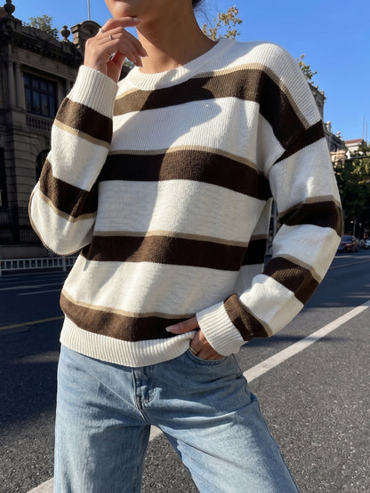 Striped Knit Sweater Crew Neck Loose Pullover