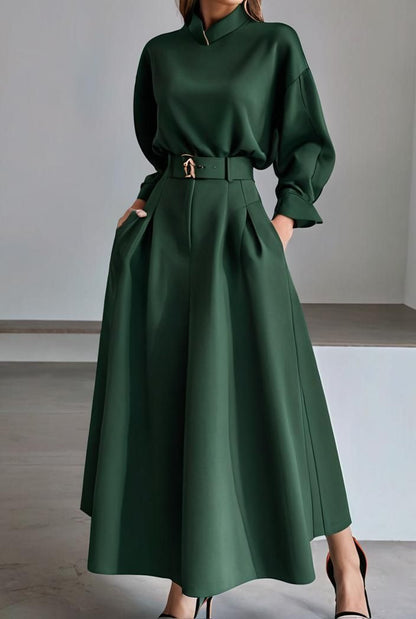 Women's Belted Long Sleeve Blouse Maxi Skirt Two Piece Set