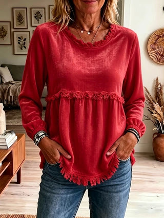 Women's Velvet Fringe Trim Long Sleeve Casual Top