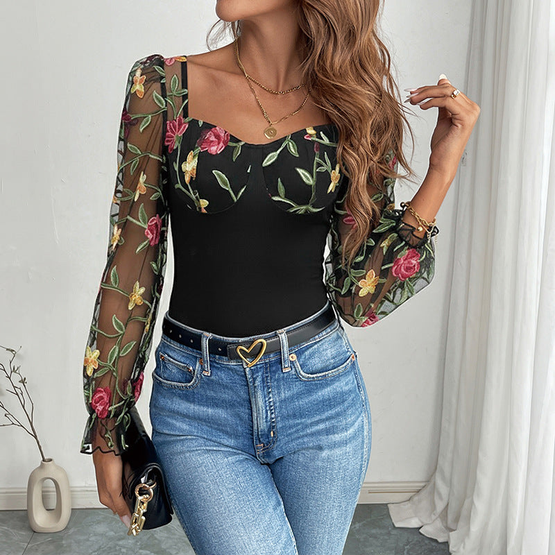 Floral Embroidered Mesh Bodysuit Sheer Sleeve Top