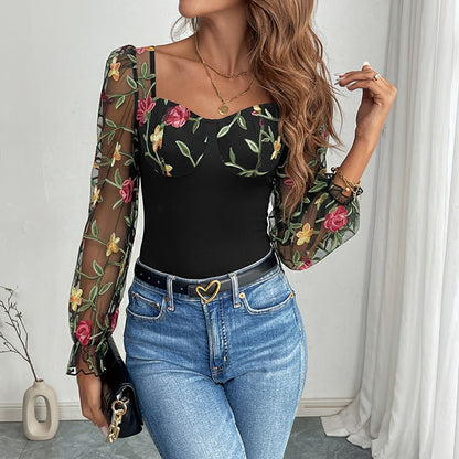 Floral Embroidered Mesh Bodysuit Sheer Sleeve Top