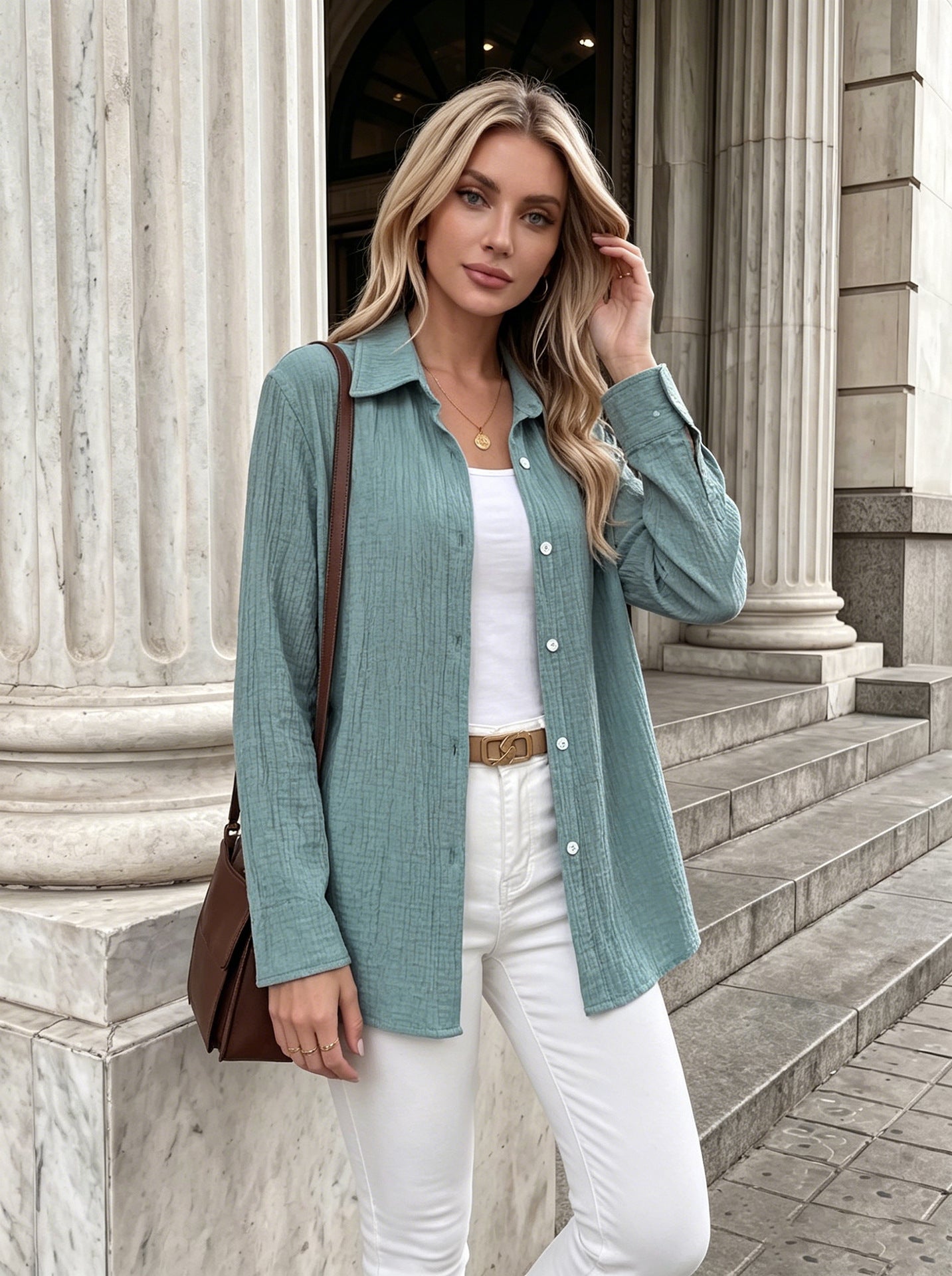 Textured Gauze Button Shirt Roll Tab Sleeve Top