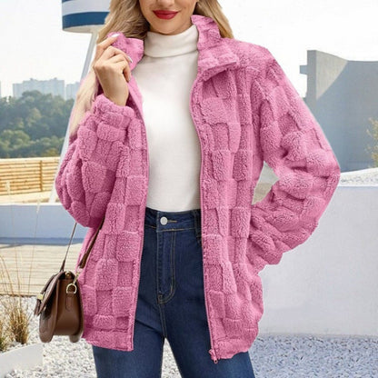 Textured Plush Zip Jacket Stand Collar Fleece Outerwear
