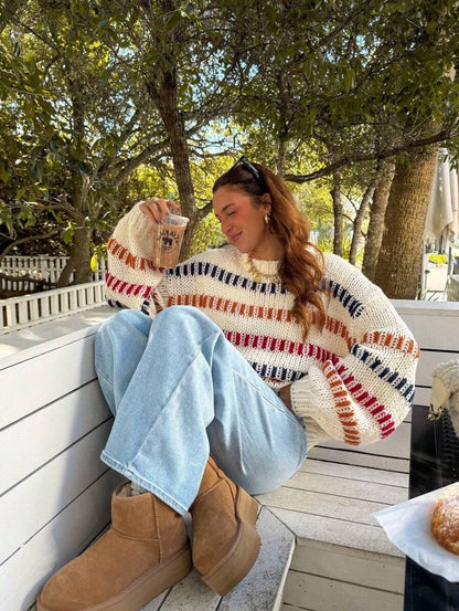 Oversized Chunky Knit Color Block Batwing Sweater
