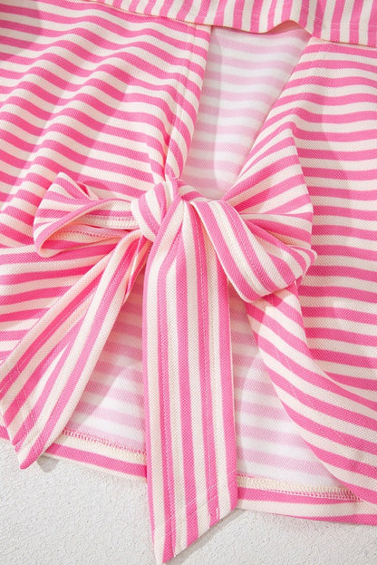 Blue Striped Knit Back Bow Open Back Top Women