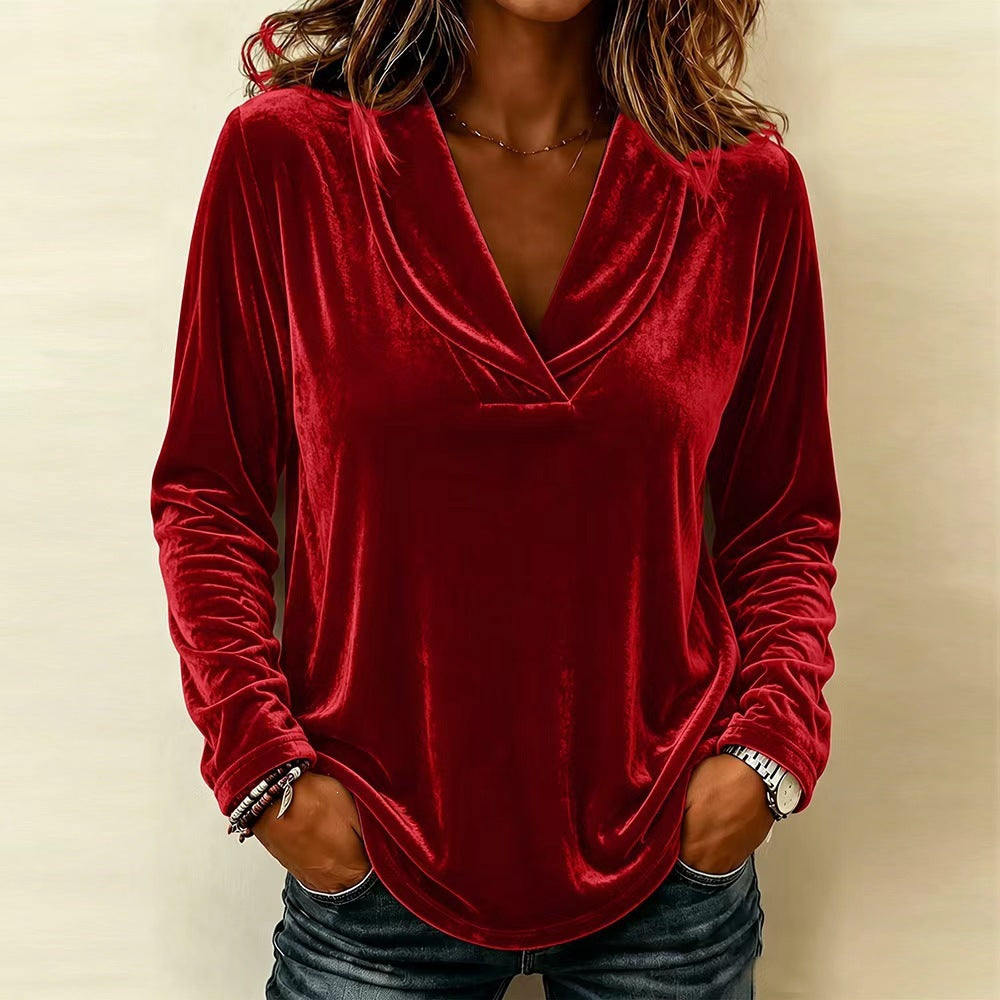 Women's Velvet Ruffle V-Neck Bell Sleeve Top