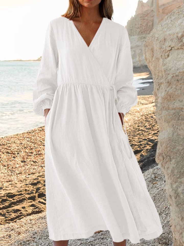 Women's Linen V Neck Long Sleeve Maxi Dress Casual Summer