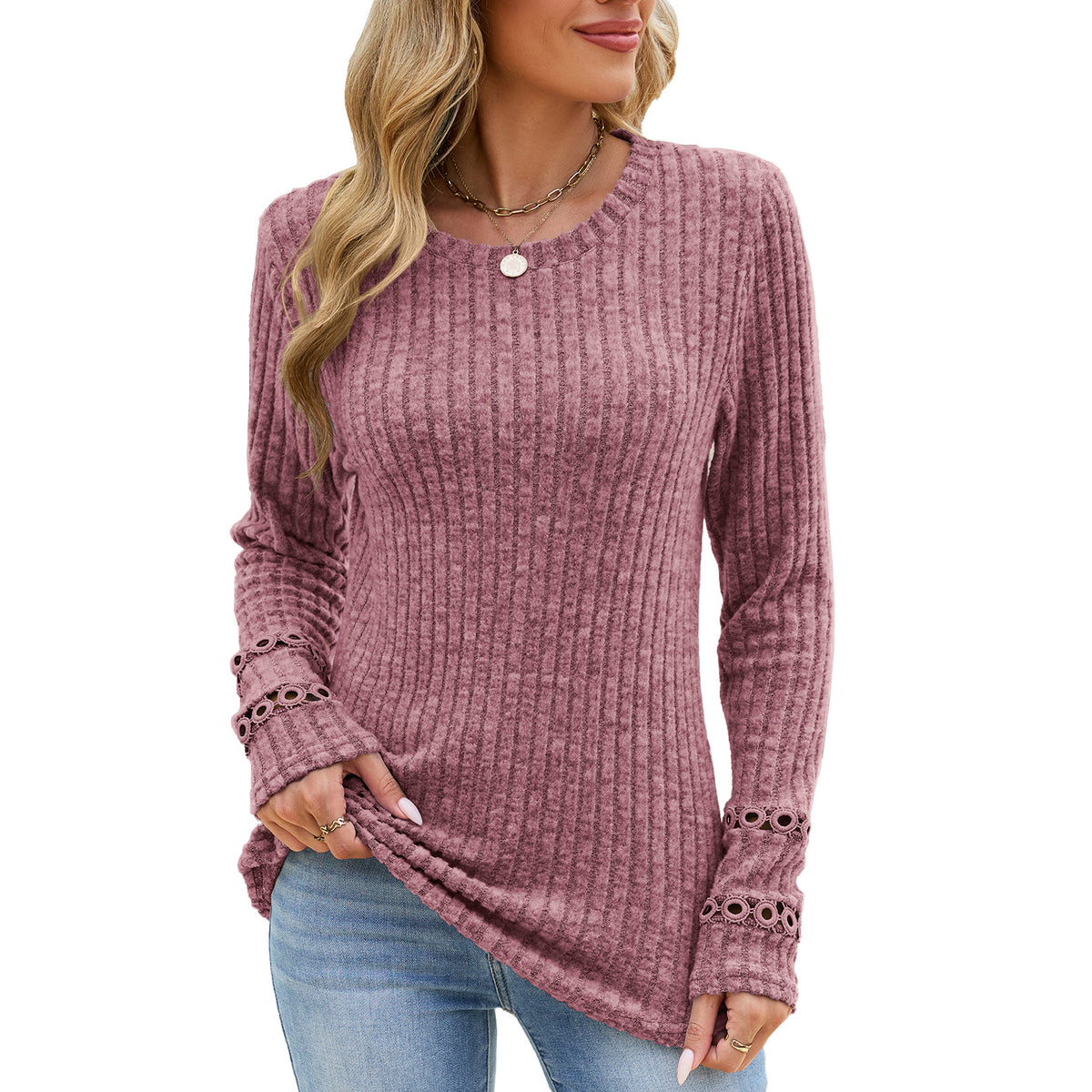 Women's Lace Cuff Waffle Knit Long Sleeve Tunic