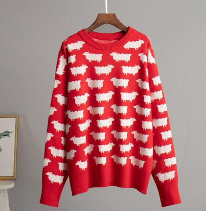 Oversized Crewneck Sheep Print Knit Sweater