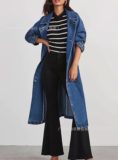 Womens Long Denim Trench Coat Oversized Vintage Jacket